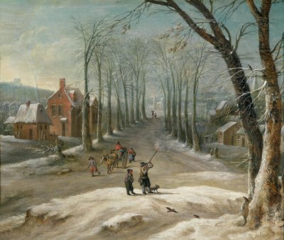 Winterlandschaft mit Männern bei der Vogeljagd und Marktkäufern von Frans de Momper
